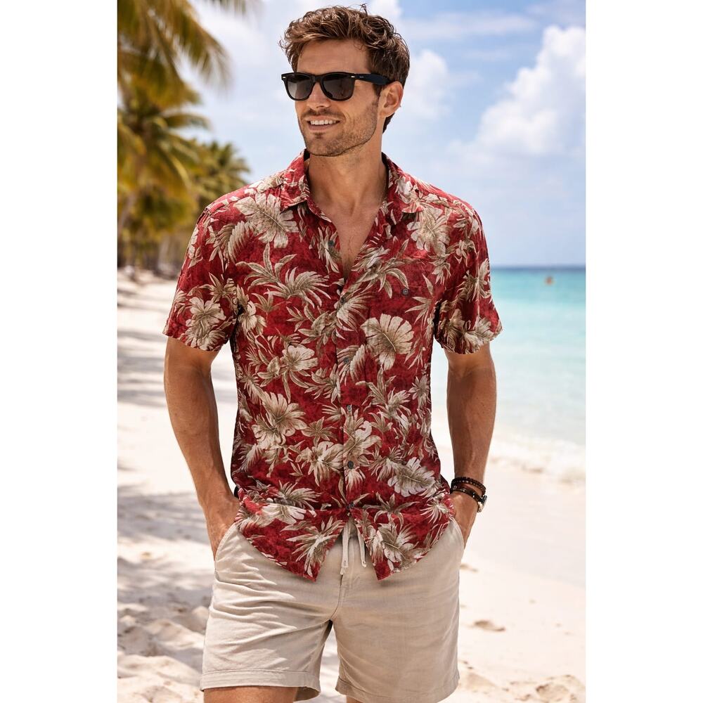 Tommy Bahama Hawaiian Shirt Men Medium Red Floral Tropical Button Up